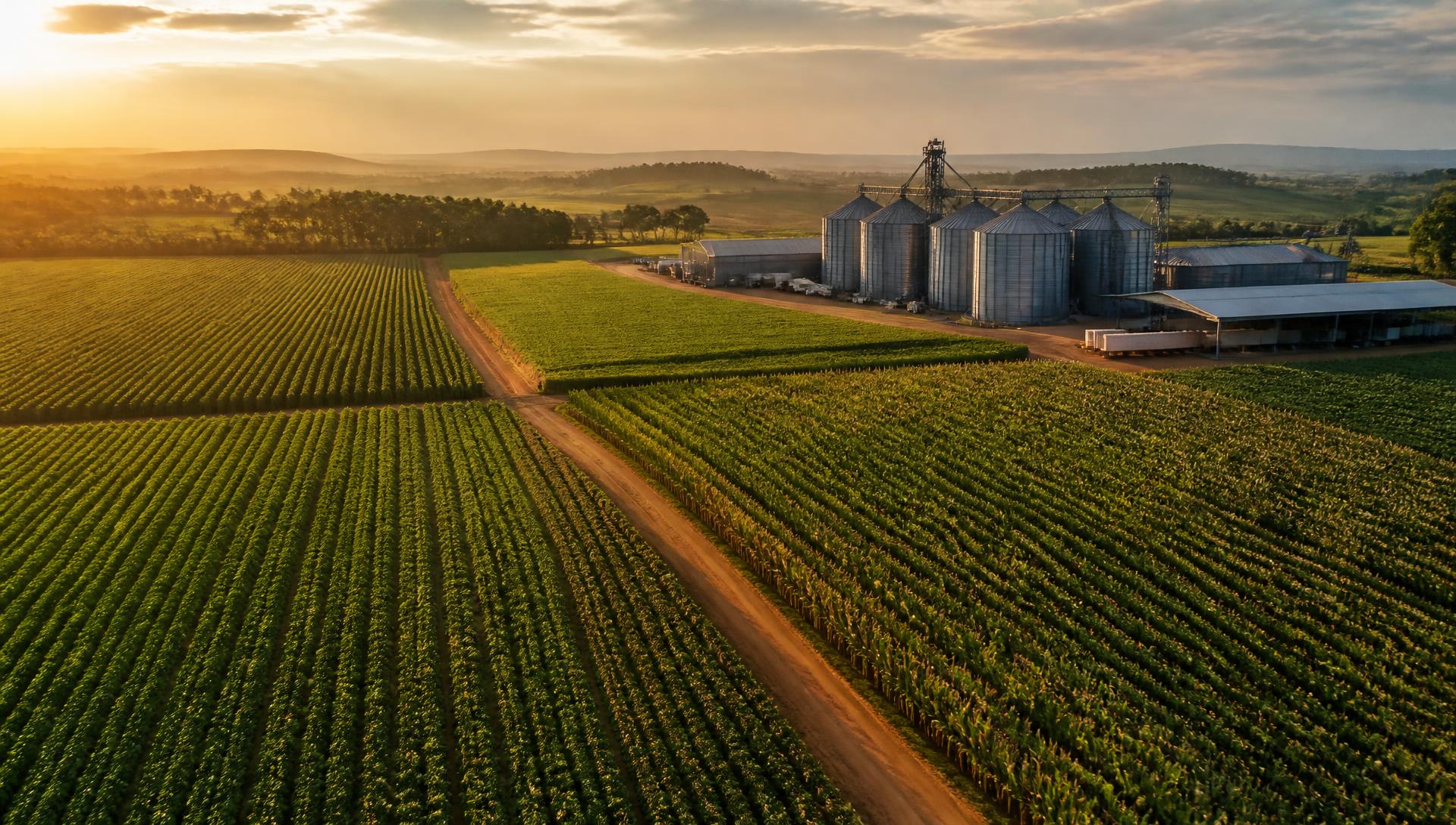 Aerial view of green soybean and corn fields with grain silos at golden hour