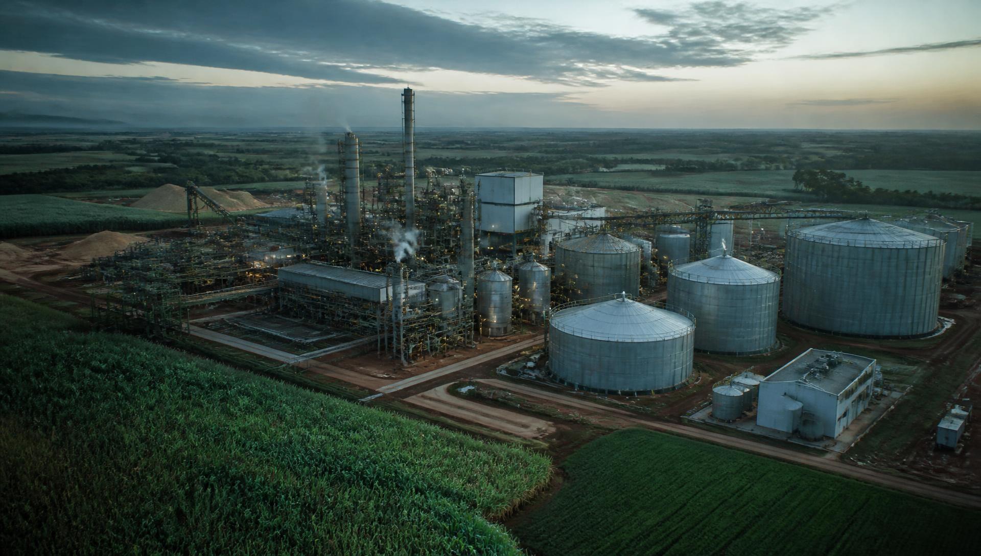 Biofuel and grain processing plant surrounded by green fields at dusk