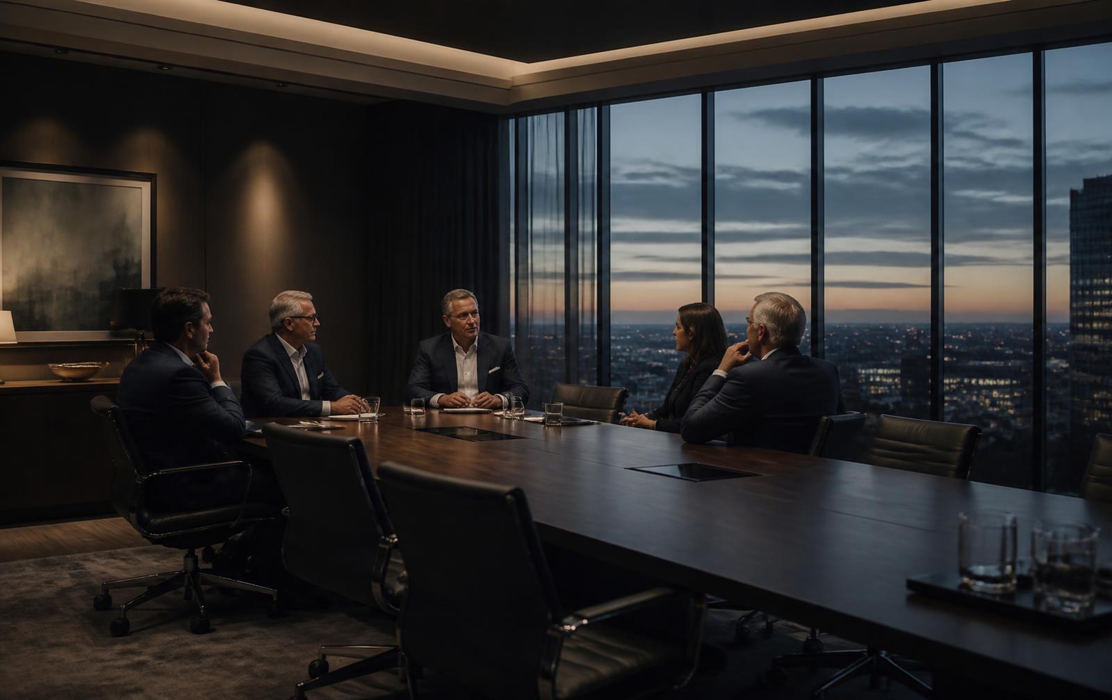 Boardroom discussion at dusk